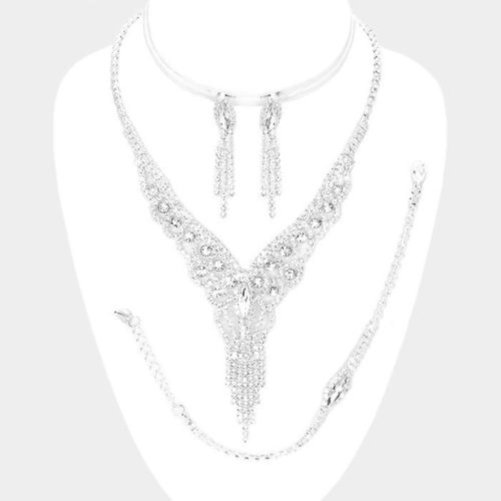 3PCS Pave Rhinestone Fringe Necklace Jewelry Set